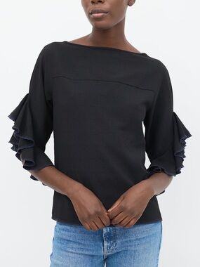 See By Chloé Black Waterfall Ruffle Sleeve Crepe Blouse Top